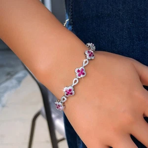 Women Elegant Silver Plated Flower Cubic Zirconia Bracelet Wedding Party Jewelry - Foto 1 di 7