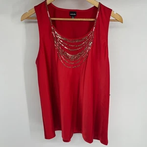 Rafaella Women Red Sleeveless Tank Top Sequins Necklace Detail Holiday Size L - Picture 1 of 8