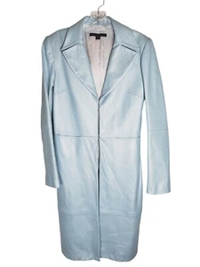 Vintage 90s Y2k Genuine Lamb Leather Jacket Size Small Long Metallic Light Blue - Picture 1 of 18
