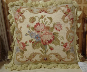 14" Elegant French Aubusson Design Woolen Needlepoint Throw Pillow Cushion - Picture 1 of 6
