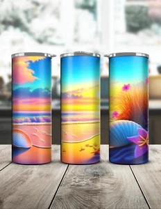20oz Custom Stainless Steel Drinkware Tumbler Summer Beach Sunset Seashells - Picture 1 of 2