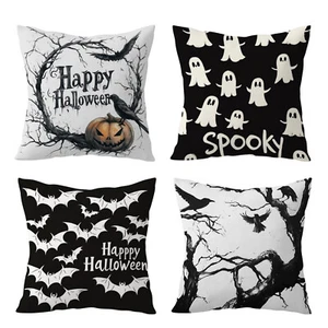 4pcs Black and White Ghost Halloween Pillow Case Cushion Cover Sofa Home Decor - Picture 1 of 6