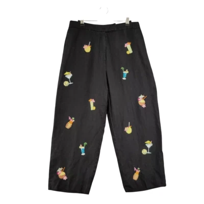 Pantalones de Playa SAINT TROPEZ WEST Negros 100% Lino Martini Tiki Bordados TALLA 12 Foto 1 de 4