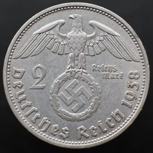 2 Reichsmark 1938 D - Alemania Tercer Reich moneda de plata con esvástica - #562 - Imagen 1 de 3