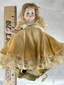Antique 5½" Jointed All Bisque w Glass Eyes Doll - Original Wig & Blue Socks - Picture 1 of 11