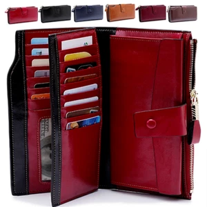 Damen Echt Leder Lange Geldbörse Geld Kartenetui Clutch Portemonnaie RFID Schutz  - Bild 1 von 18
