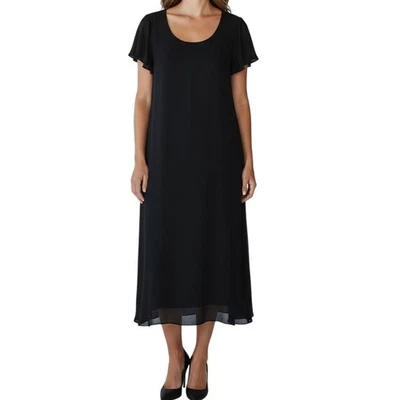 Vestido maxi feminino vintage preto lírio tamanho 1X gola redonda sobreposição elegante. - Imagem 1 de 4
