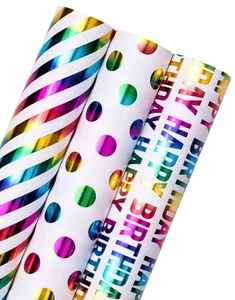 3 Rolls Holographic Birthday Gift Wrap Shiny Foil Paper for Party & Celebration - Picture 1 of 6