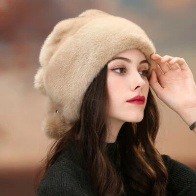 Sombrero de piel de visón real para mujer Gorra cálida de invierno Gorros de esquí Orejera Regalo de Navidad Foto 1 de 2