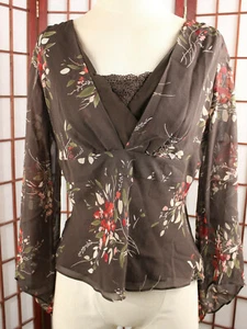 Top Ann Taylor LOFT 100 % Seda Talla 4 Marrón Floral Manga Larga Botánico - Imagen 1 de 7