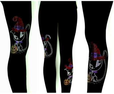 Regular Size Yoga Legging Rhinestone Red Witch Hat Mischievous Sly Cat Pumpkin - Image 1 of 4
