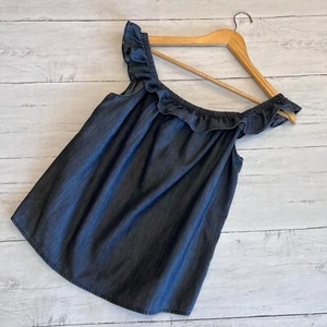 Denim & Supply Ralph Lauren Top SZ Large Navy Chambray Off the Shoulder Ruffle - Picture 1 of 14