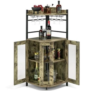 Corner Bar Cabinet Industrial Wine Buffet Cabinet with Glass Holder Mesh Doors - Picture 1 of 10