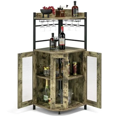 Corner Bar Cabinet Industrial Wine Buffet Cabinet with Glass Holder Mesh Doors - Image 1 of 4