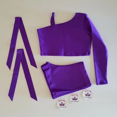 (#216) Age 1/3 Freestyle Dance Cropped Top/Shorts/Ribbons Set Plain Purple Lycra - Image 1 of 2