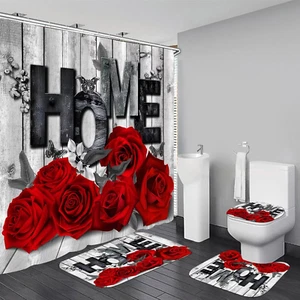 Red Rose 4 Pcs Shower Curtain Sets Non-Slip Rugs Bath Mat Toilet Cover U Shaped - Picture 1 of 12