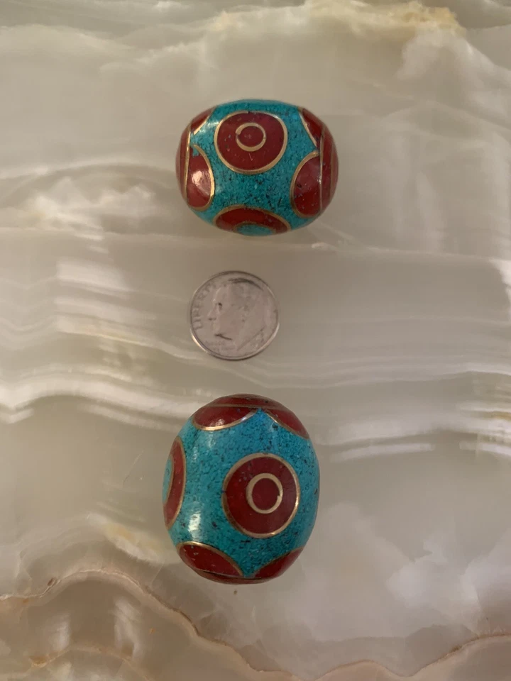 Large Blue Red Brass Nepal Tibetan Oval Cylinder Beads 2 Pack - Image 1 of 1