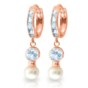 4.3 Carat 14K Solid Rose Gold Hoop Earrings pearl Aquamarine - Picture 1 of 3