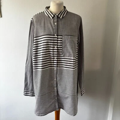 Next Grey White Striped Pure Cotton Shirt Blouse Button Up Top Size 20 VGC - Image 1 of 4