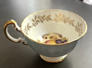 AYNSLEY Bone China Tea Cup on Foot Blue Cup with Fruits Ornament England - Picture 1 of 7
