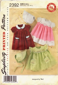 Simplicity 2392 ~ Babies Dress-Bonnet-Embroidery w/wo Collar-Puff Sleeves XS-L - Picture 1 of 5