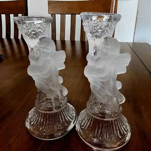 2 Victorian Glass Cherub Candle Holders Angel Candlesticks Set regency cottage - Picture 1 of 8