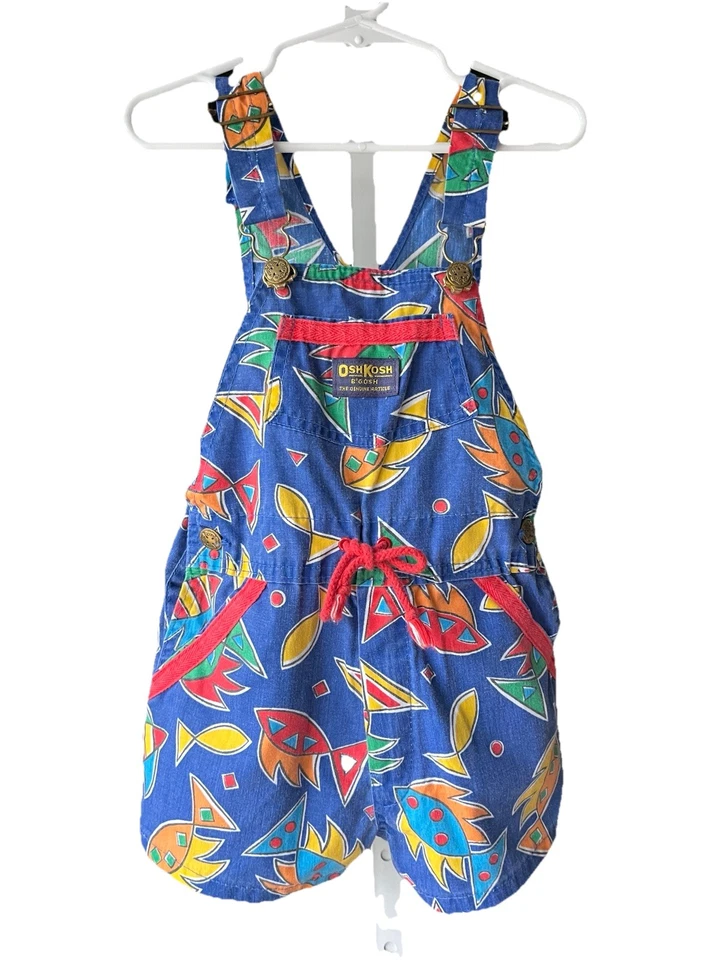 VTG Oshkosh B’Gosh Vestbak Shortalls Red Denim Abstract Fish 80’s 90’s 4T - 6T - Image 1 of 4