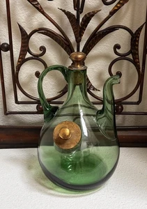 Vintage Green Glass Decanter W Ice Chamber 10”H 2 Brass Cork Toppers Unique Find - Picture 1 of 8
