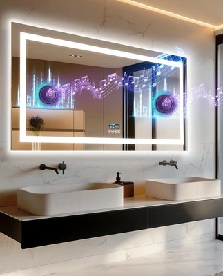 Smart LED Mirror Vanity Bluetooth Anti Fog Bathroom Music Speaker Wall Mount - Image 1 of 4
