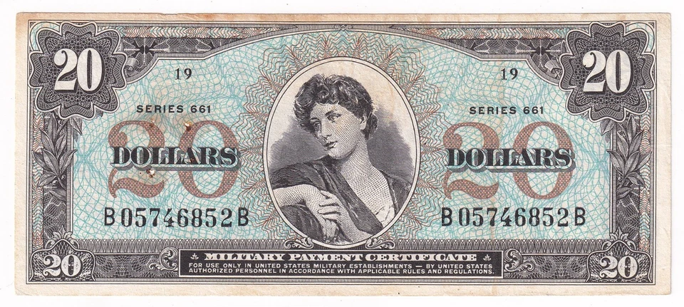 Vietnam Military Payment Certificate 20 Dollars Series 661 Serial # B 05746852 B - Image 1 of 2