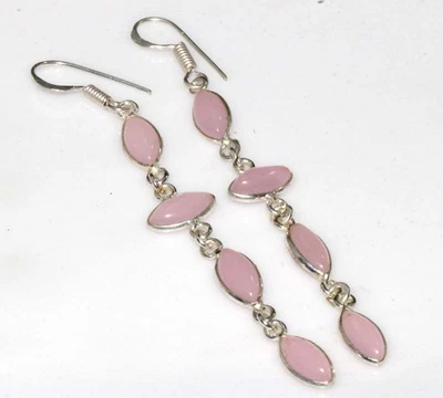Pink Chalcedony 925 Silver Plated Handmade Earrings 3" Elegant Gift JW - Image 1 of 3