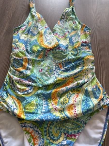Ralph Lauren One Piece Swimsuit Women's 8 Blue Green Paisley Ruched Waist - Picture 1 of 13