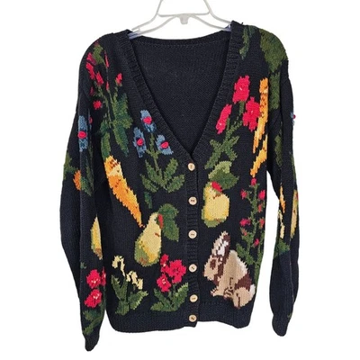 Vintage 80s Black Chunky Hand Knit Cardigan Sweater M Pears and Bunnies Teacher - Image 1 of 4