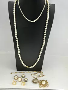 Monet Costume Jewelry Lot 2 faux pearl necklaces bracelets pin clip earrings MOP - Picture 1 of 11