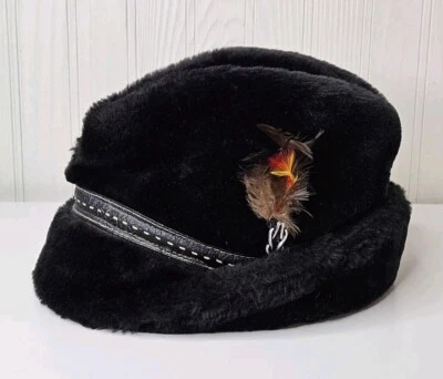 Vintage Faux Fur Winter Hat Small Black Cap Fedora Feather Union Made 1960's - Image 1 of 4