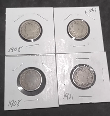 (4) 4 US Liberty V Nickel Coins 1905 1907 1908 1911 Cover