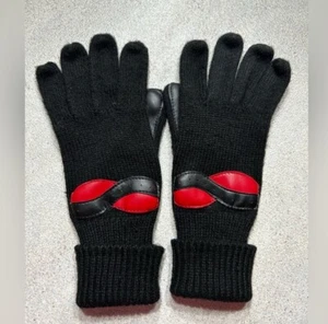 Gloves Vintage 70s 80s Leather Knit Ladies Black Red Winter Gloves - Picture 1 of 8