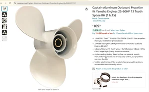 Captain Aluminum Outboard Propeller fit Yamaha Engines 25-60HP 13 Tooth Spline R - Picture 1 of 7
