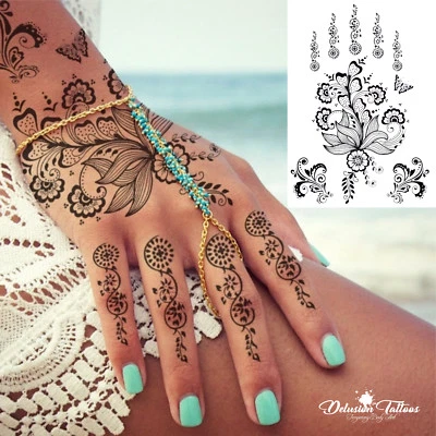 DELUSION TATTOOS TEMPORARY TATTOO HENNA, LOTUS FLOWER, BUTTERFLY, BLACK, HAND, WOMANS, GIRLS