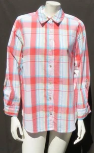 $59 FOXCROFT White Coral Blue Plaid Cotton Roll Tab Long Slv Shirt Top size 14W - Bild 1 von 5