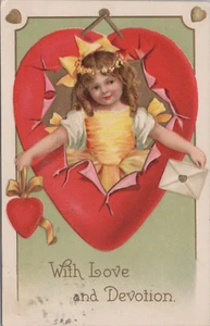 Valentine U/S Clapsaddle Girl Bursting Through Heart Emboss c1910s Postkarte DP5 - Bild 1 von 2