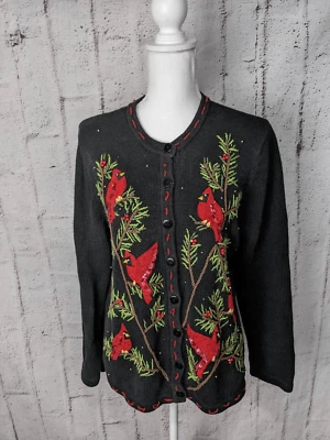 Cárdigan suéter negro bordado cardenal de Navidad vintage ciervo blanco para mujer Foto 1 de 4