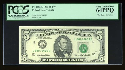 DBR 1993 $5 FRN San Francisco Fr. 1983-L PCGS 64 PPQ Serial L88070403B - Image 1 of 2