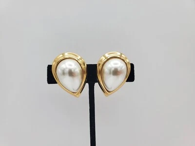 Винтажные серьги зажим на золотой жемчуг надпись Napier костюм ювелирных изделий аксессуар пара - Изображение 1 из 4