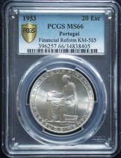 MS-66 PCGS BU 1953 Portugal Silver 20 Escudos Unc Uncirculated