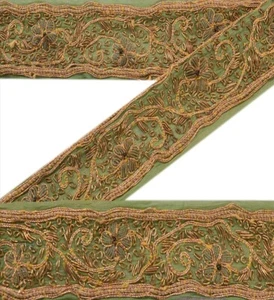 Sanskriti Vintage Saree Border Christmas Decor Trim Lace 1Yd Pure Silk Green - Picture 1 of 6