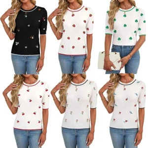 Womens Floral Embroidered Pullover Crew Neck Sweatshirt Stretchy Cherry Sweater - Picture 1 of 32