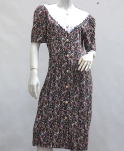 Vintage 80s Lace Trim Floral Print Button Down Rayon Dress by Ms Basia Californi - Picture 1 of 7