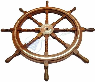 36" Brass Ring Pirate Captain Wheel Nautical Marine Wooden Steering Ship Wheel - Image 1 of 4