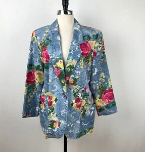 90s Y2K Danielle B Blue Woman 12 Floral Blazer Rayon Flax Cottagecore Career Art - Picture 1 of 9